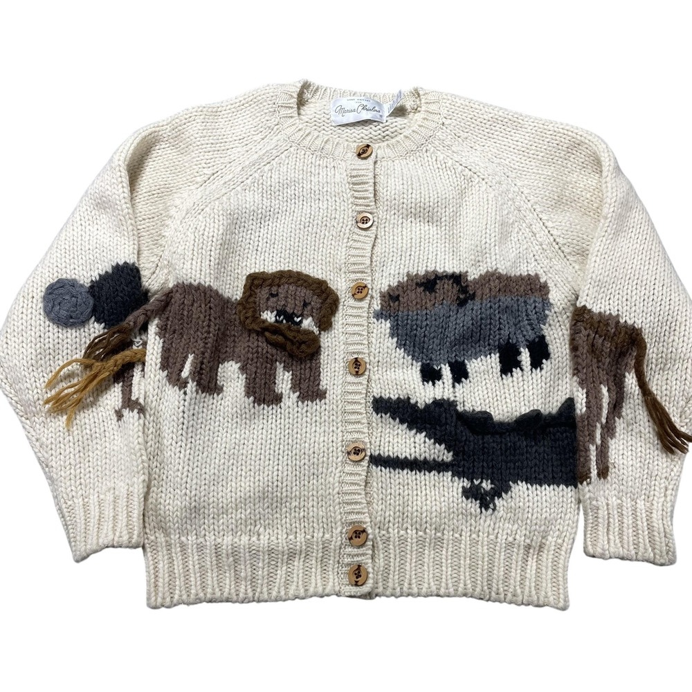 Vintage Marisa Christina Sweater Womens S White Wool Animal Knit Cardigan Fringe
